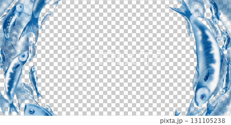 Sardine fish in a semicircular frame swimming in a shoal stylized watercolor illustration on a transparent background for fish restaurants, websites, posters, fish markets and stores 131105238