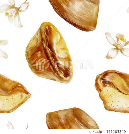 Pastel de nata-traditional Portuguese dessert with lemon tree flowers in seamless pattern.Hand-drawn food watercolor illustration.For bakery branding,travel blogs about Portugal Pastel de nata-traditional Portuguese dessert with lemon tree flowers in seamless pattern.Hand-drawn food watercolor illustration.For bakery branding,travel blogs about Portugal 131105240