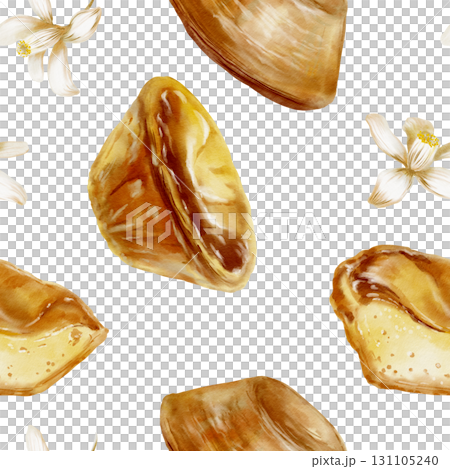 Pastel de nata-traditional Portuguese dessert with lemon tree flowers in seamless pattern.Hand-drawn food watercolor illustration.For bakery branding,travel blogs about Portugal 131105240