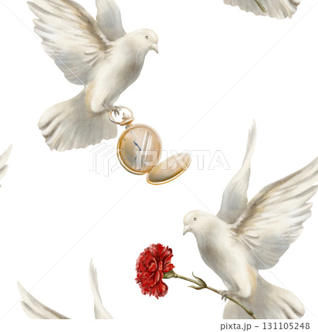 White pigeon soaring in air with red carnation,dove spread its wings as a symbol of the revolution's peaceful nature.Hand drawn watercolor illustration isolated on white for wedding or social designs White pigeon soaring in air with red carnation,dove spread its wings as a symbol of the revolution's peaceful nature.Hand drawn watercolor illustration isolated on white for wedding or social designs 131105248