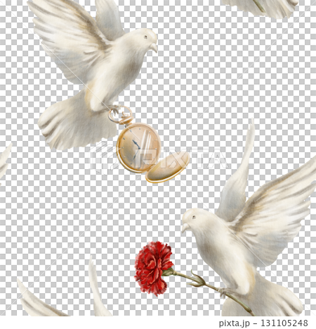 White pigeon soaring in air with red carnation,dove spread its wings as a symbol of the revolution's peaceful nature.Hand drawn watercolor illustration isolated on white for wedding or social designs 131105248