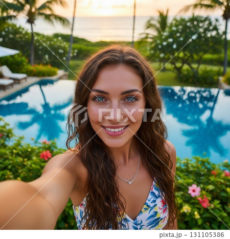 南国リゾートにいる南米女性の自撮り写真 131105386