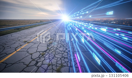 Digital transformation concept with old cracked road turning into futuristic data highway, technology and progress idea for business innovation and development 131105406
