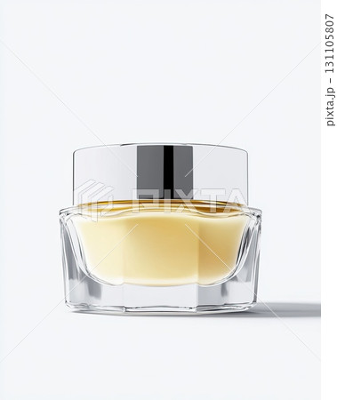 Isolated image of a cosmetic cream jar and bottle, sleek glass containers with smooth cream texture, beauty and skincare theme, elegant and minimalistic design, white background 131105807