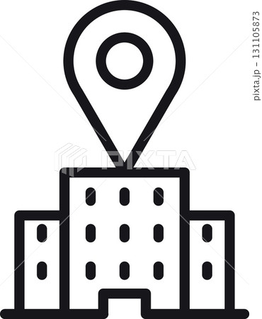 location, map, address icon. Building with location pin icon indicating a specific place. in thin line style location, map, address icon. Building with location pin icon indicating a specific place. in thin line style 131105873