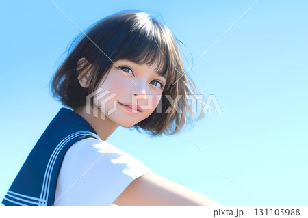 空を見上げる制服の女子高生のイラスト 131105988