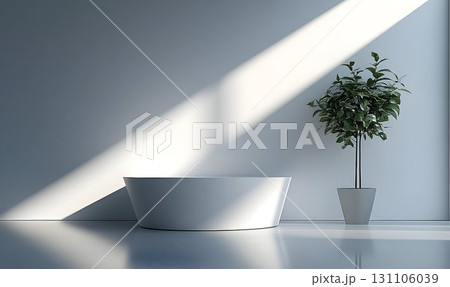 Modern minimalist bathroom interior design with bathtub and sunlight Modern minimalist bathroom interior design with bathtub and sunlight 131106039