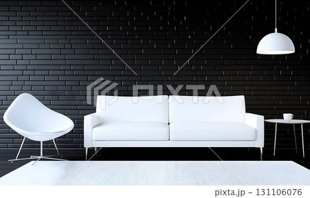 Modern minimalist living room interior white sofa and chair against black brick wall 131106076