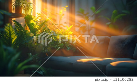 Sunlight illuminates indoor plants and sofa creating peaceful atmosphere 131106282