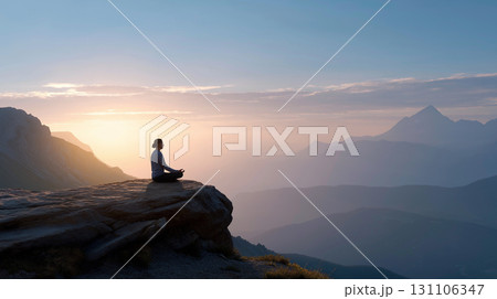 山々を望む崖の上で静かに瞑想する人物 131106347