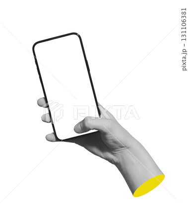 Blank mobile screen in hand. Thumb interacts with touchscreen like pressing shutter button. 131106381