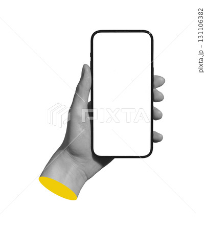 Blank phone screen in hand. Simple mockup for app interface or online promotion. Isolated on white Blank phone screen in hand. Simple mockup for app interface or online promotion. Isolated on white 131106382