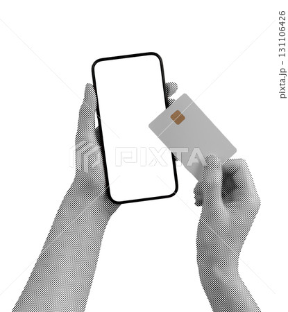 Ecommerce payment in hand. Card and phone display with app, advertising gadget, finance transfer, Ecommerce payment in hand. Card and phone display with app, advertising gadget, finance transfer, 131106426
