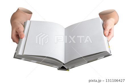 Education theme with hand holding book. The opened pages are white, clean, and blank, with a calm 131106427