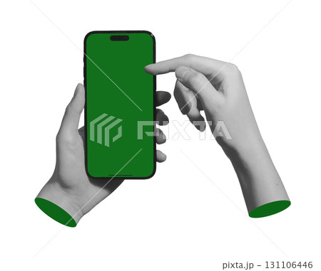 Lodz Poland May 01 2025 Blank mobile screen under scrolling finger. Hand simulates web browsing 131106446