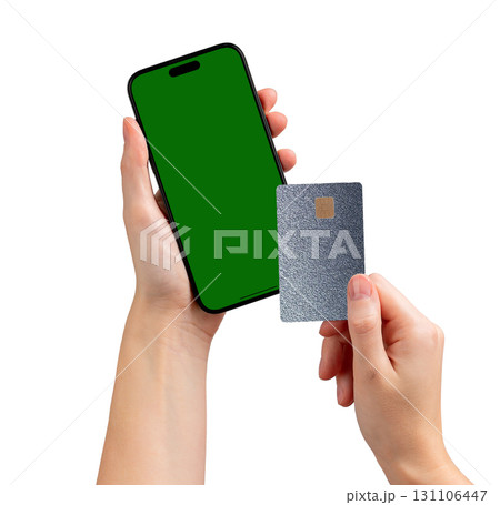 Lodz Poland May 01 2025 Card in hand and phone. Digital finance service for transfer, money, 131106447