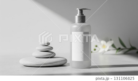 Clear Dispenser Bottle Stacked Stones Flower on White Surface 131106825