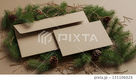 Craft Paper Card and Envelope with Green Pine Branches and Pinecones Arrangement on Beige 131106828