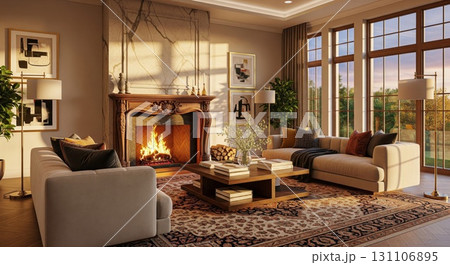 Cozy Living Room Interior With Fireplace Beige Sofa and Hardwood Floors 131106895