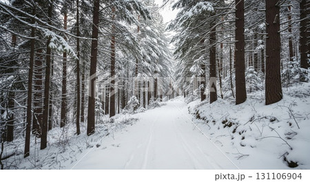 Snowy Forest Path Under Overcast Sky Winter Landscape with Trees Covered in Snow 131106904
