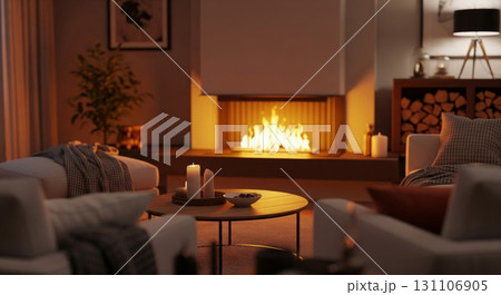 Warm Living Room with Fireplace White Sofas and Wooden Accents 131106905