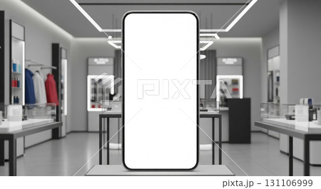 Blank Smartphone Display Mockup on Platform in Modern Store Setting Blank Smartphone Display Mockup on Platform in Modern Store Setting 131106999