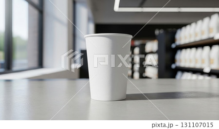 White Paper Cup on a Gray Countertop in a Brightly Lit Store Aisle 131107015