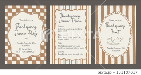 Set of Thanksgiving invitation and dinner menu templates with hand drawn doodle frames and retro checkered and striped borders. Whimsical autumn feast party cards. Vector illustration. Set of Thanksgiving invitation and dinner menu templates with hand drawn doodle frames and retro checkered and striped borders. Whimsical autumn feast party cards. Vector illustration. 131107017