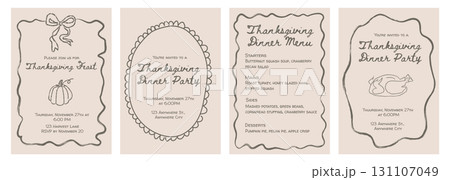 Whimsical thanksgiving invitations and dinner menu with hand drawn doodle frames and festive autumn icons. Playful holiday party cards and rustic designs. Flat vector illustration. Whimsical thanksgiving invitations and dinner menu with hand drawn doodle frames and festive autumn icons. Playful holiday party cards and rustic designs. Flat vector illustration. 131107049