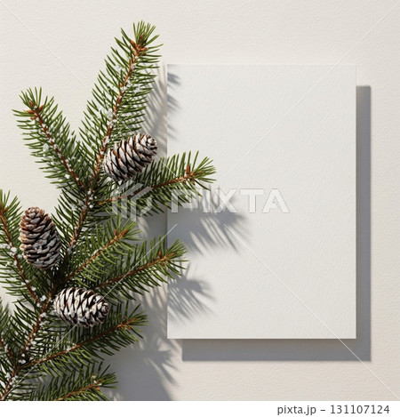 Christmas Tree Branch with Pine Cones and Blank Card on Textured Background 131107124