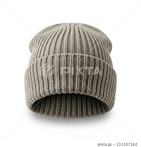 Knitted Gray Beanie Hat with Ribbed Texture on White Background Studio Lighting 131107162