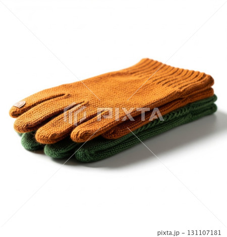 Stacked Woolen Gloves in Autumn Hues on White Seamless Background Warmth and Comfort for Cold 131107181