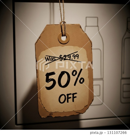 Beige Fifty Percent Off Tag Against White Cabinet Background 131107266