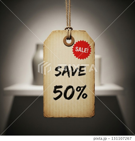 Vintage Sale Tag Display With Fifty Percent Discount Offer on Shelf 131107267