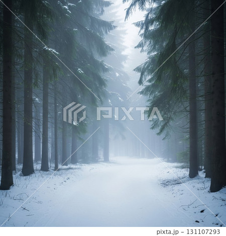 Snowy Path Through Tall Evergreen Trees in Winter Forest Tranquil Scene 131107293