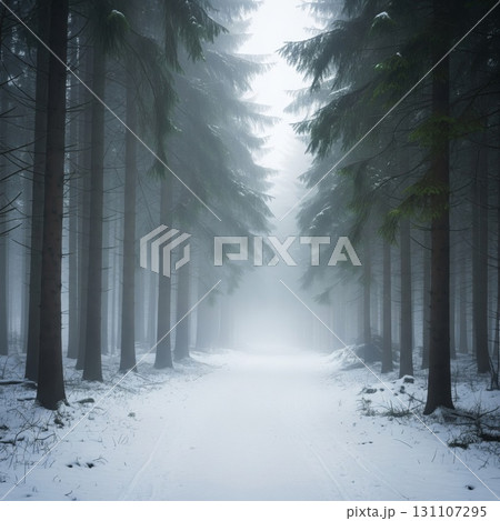 Snowy Pathway Through Tall Pine Trees in Winter Foggy Forest Scenery 131107295
