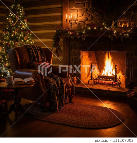 Warm Fireplace with Glowing Christmas Tree and Cozy Armchair Setting Mood Scene 131107302