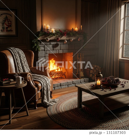 Cozy Living Room with Fireplace Armchair and Coffee Table in Warm Light 131107303