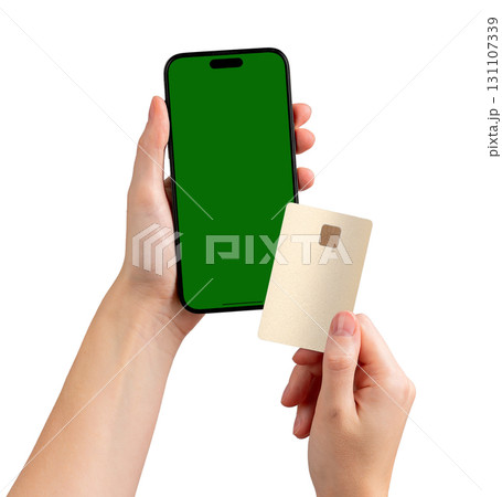 Lodz Poland May 01 2025 Phone in hand with card. Female client holding smartphone with blank screen, 131107339