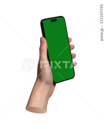 Lodz Poland May 01 2025 Smartphone held vertically in hand. Blank screen for mobile mockup or 131107350