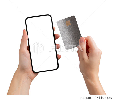 Screen in user hand. Card and smartphone used for ecommerce, money, mobile finance, application Screen in user hand. Card and smartphone used for ecommerce, money, mobile finance, application 131107385