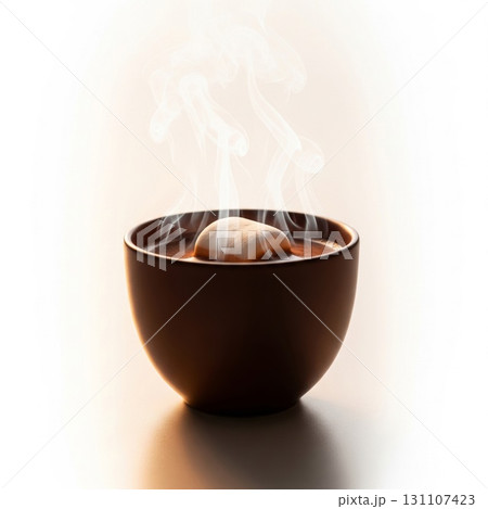 Steaming Hot Chocolate in Brown Bowl with Melting Marshmallow on White Background 131107423