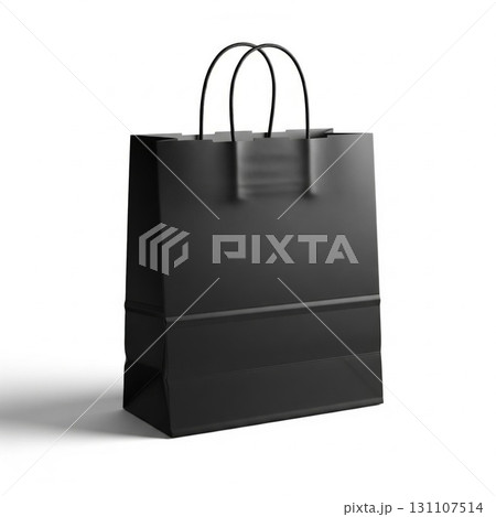 Isolated Black Paper Shopping Bag with Rope Handles on White Background 131107514