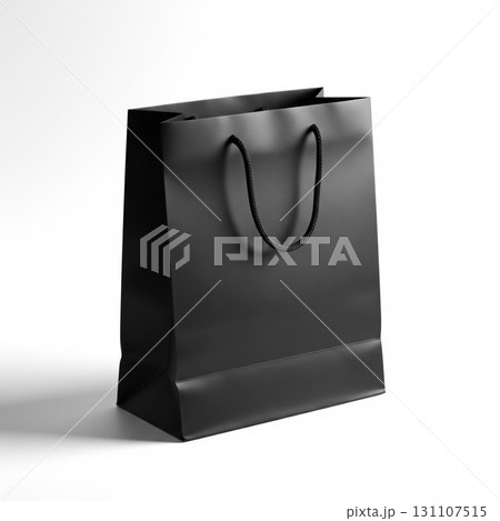 Isolated Black Paper Shopping Bag with Rope Handles on White Background 131107515