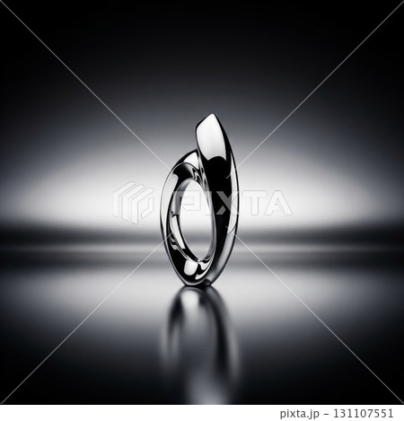 Abstract Silver Metal Ornament with Swirling Design on Gray Gradient Background 131107551