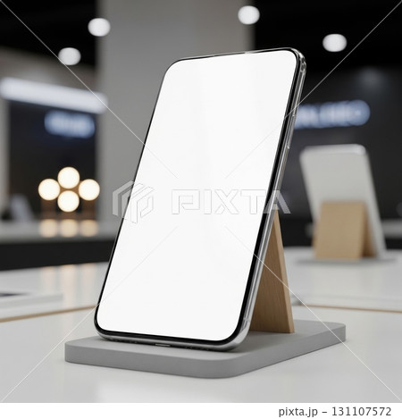 Smartphone Mockup on a Grey Stand in Soft Lighting with Blurred Background 131107572