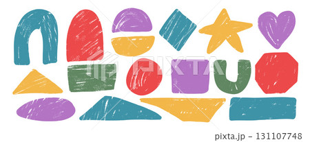 Freehand kids geometric shape set. Text boxes frames pack. Arch, circle and triangle figures. Vector hand drawn quotation stickers shapes. Handmade callouts figures illustration 131107748