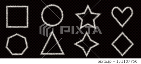 Salt geometric shapes thin stroke frames set. Grainy noise textured white sugar powder borders in round, triangle and heart shapes. Flour powder elements. Vector callout grunge brush illustration. Salt geometric shapes thin stroke frames set. Grainy noise textured white sugar powder borders in round, triangle and heart shapes. Flour powder elements. Vector callout grunge brush illustration. 131107750