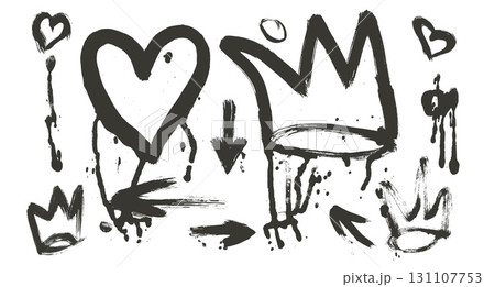 Crown and heart smudge black brush stroke set. Spray graffiti paint arrows with splatters isolated on white background. Grunge rough textured shapes. Urban street doodle figures. Vector illustration Crown and heart smudge black brush stroke set. Spray graffiti paint arrows with splatters isolated on white background. Grunge rough textured shapes. Urban street doodle figures. Vector illustration 131107753
