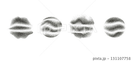 Noise etching circular and abstract element with wave lines set. Grunge irregular dotwork gradient circles. Black round halftone shapes of dots texture. Vector ink paint spray uneven rough orbs icons Noise etching circular and abstract element with wave lines set. Grunge irregular dotwork gradient circles. Black round halftone shapes of dots texture. Vector ink paint spray uneven rough orbs icons 131107758